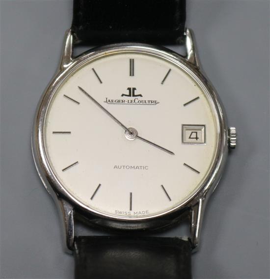 A gentlemans stainless steel Jaeger Le Coultre automatic dress wrist watch, with box.